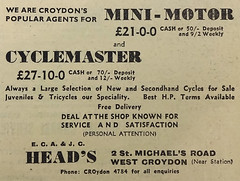 A black-and-white text-only advert for “E. C. A. & J. C. Head’s” at 2 St Michael’s Road, West Croydon, headed “We are Croydon’s popular agents for Mini-Motor [...] and Cyclemaster”.
