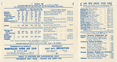 A timetable listing various destinations and pick-up points/times. Three pairs of holes have been punched along the top.