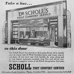 A black-and-white newspaper ad including a line drawing of a shop with a protruding front window and an open door on the right (as well as a closed one on the left).