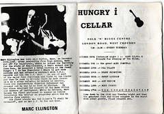 Two pages of a black-and-white zine-style publication.  The left-hand page has a posterised photo of Marc Ellington singing and playing a guitar, with a brief biography below.  The right-hand page has  a list of upcoming gigs at the “Hungry i Cellar”, “7.30 - 11.30 — every Tuesday”, including “Mike Silver & friends for evening of the Blues” and “the great Alex Campbell”.