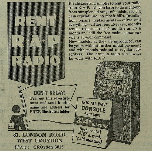 A newspaper advert with a large banner reading “Rent R A P Radio, a line drawing of an old-fashioned radio cabinet, details of how to rent a radio with rental payments reducing every six months, and the address “81, London Road, West Croydon”.