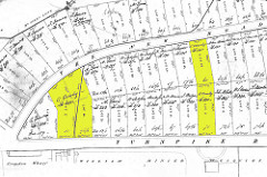 A printed plan showing several plots of land with names and prices handwritten against them.  Six of the plots, grouped in two continuous pieces, have been highlighted.