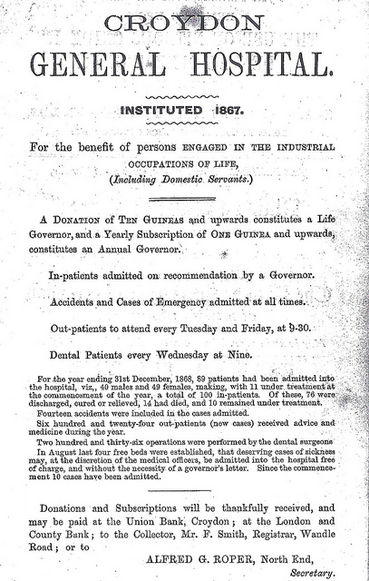 A full-page text-only advertisement headed “Croydon General Hospital.  Instituted 1867.”  Below, it gives details of how to become a governor, how to be admitted as a patient, and the numbers of patients treated in the previous year.