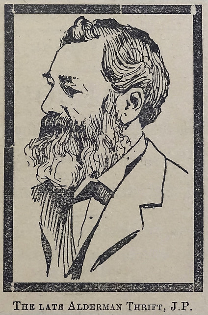 A monochrome line drawing of a white man with a full
beard and moustache and a slightly receding hairline.  He is wearing a
suit and looking off to the left.