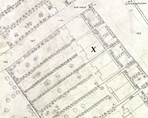A map similar to the previous, showing different, smaller houses.  Again, one is marked with an “X”.