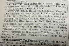 A printed text-only directory page showing names in bold type alongside addresses and qualifications.  The entry for “WILLOCK, Edwd. Hulse” at “91, London-rd. Croydon” is 11 lines long, in contrast to the 3-line entry above it, and includes two academic publications as well as posts including “J.P. for Croydon”.