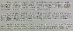 A typewritten report discussing the display of posters in SSCS branches to keep members informed of “points of interest, i.e., [sic] how the Co-operative Movement is serving the community generally”, keeping branches open during the lunch hour “to enable women who went to work locally to do some shopping midday”, and the desire for additional services including funerals.