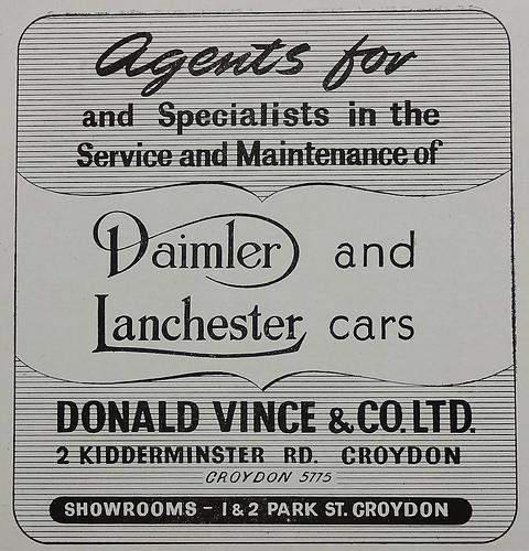 A monochrome advert with a striped background and text reading: “Agents for and Specialists in the Service and Maintenance of Daimler and Lanchester cars / Donald Vince & Co. Ltd. / 2 Kidderminster Rd. Croydon / Croydon 5775 / Showrooms – 1 & 2 Park St. Croydon”.