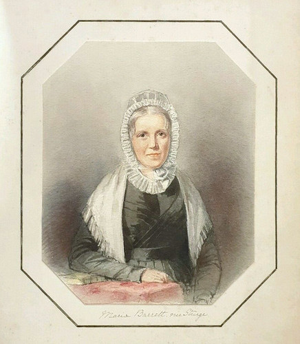 A watercolour portrait of a white woman with grey hair, wearing Quaker-style clothes in black and white.  She is seated, with her arm resting on a book.  Underneath is written “Maria Barrett, née Sturge”.