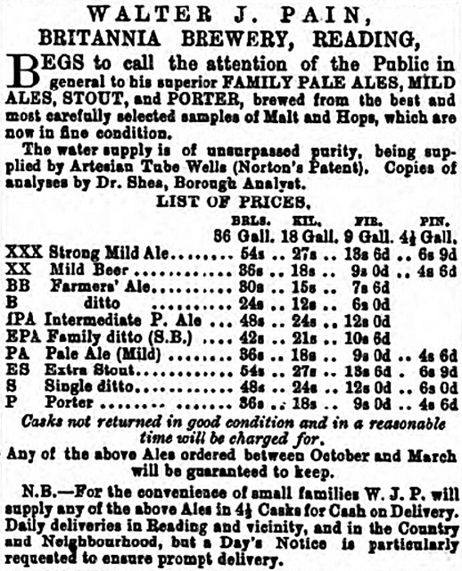A densely-printed text-only advert for the Britannia Brewery, Reading, including a price list of the beers available.