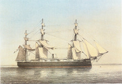 A colour painting of a sailing ship on a calm sea.