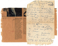 Piece torn from a magazine with an article beginning “Painter Patrick Procktor at hatters Herbert Johnson.” The name “Mr. Proctor” [sic] has been handwritten next to it.  Lying on top of this is a piece of ruled notebook paper with handwritten notes headed “Mr P. Procktor” with an address and date.