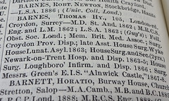 Part of a printed directory page, showing the address, qualifications, and past employment of Thomas Hy [Henry] Barnes.