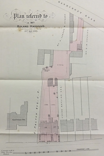 A map showing several houses and outbuildings, with lines drawn to indicate walls and boundaries.  Two of the houses, three or four of the outbuildings, and a fair amount of land are shaded in pink.