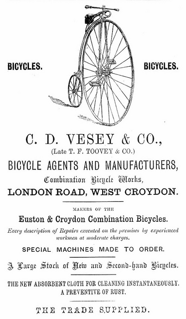 A tall narrow black-and-white advert in a variety of fonts, with a drawing of a penny-farthing bicycle at the top, offering “special machines made to order” as well as “Every description of Repairs executed on the premises by experienced workmen at moderate charges” from the “makers of the Euston & Croydon Combination Bicycles”.