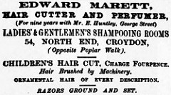 Advert for Edward Marett’s “Ladies’ & Gentlemen’s Shampooing Rooms”, stating that Edward was “For nine years with Mr. E. Huntley, George Street”.