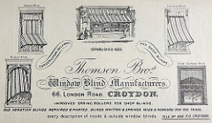 Advert for Thomson Bros “Window Blind Manufacturers”, using ornate fonts and with drawings of various types of blinds including “Spanish Blind”, “Florentine Blind”, and “Inside Duchesse Blind”.  The advert promises “Improved spring rollers for shop blinds” as well as “Old Venetian blinds repaired & painted, blinds written & springs made & rewound for the trade.”