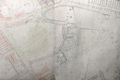 Map showing a house in the centre of a large expanse of land, some of it annotated with small round shapes to indicate trees and/or bushes, and a large oblong “Fish Pond” near the house.