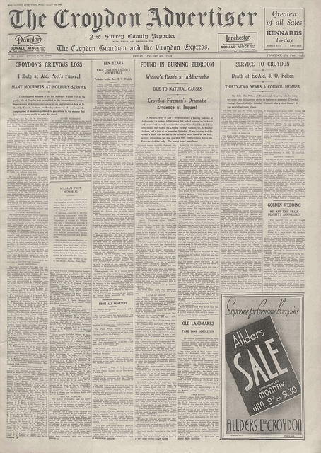 A full front page of a large-format newspaper, headed “The Croydon Advertiser and Surrey County Reporter with which are incorporated The Croydon Guardian and the Croydon Express.”  The page is covered with seven columns of close printing, with a large “Allders Sale” advert spanning two columns in the bottom right.
