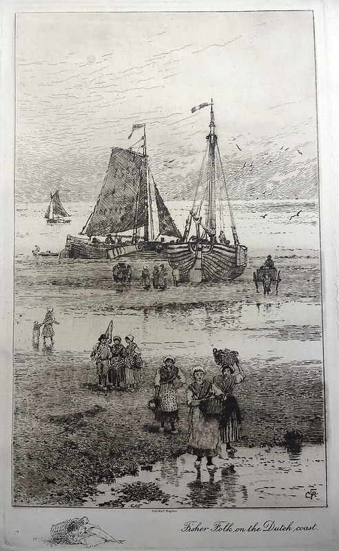 Etching showing several people standing or walking on a beach at low tide with large tidal pools.  Most of them are carrying baskets of what might be fish.  Two sailboats are drawn up on the beach in the background, and another is sailing in the distance.  A monogram of “CFA” is in the bottom right-hand corner.