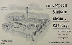 A black-and-white advert mostly consisting of a drawing of a large complex of long buildings around a yard with horses and carts here and there.  A tall square chimney stands at one side.