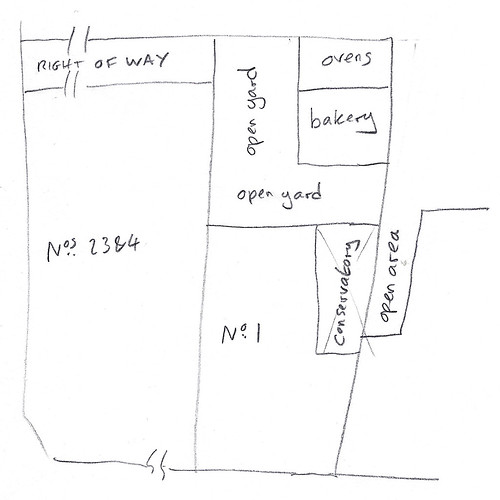 A pencil sketch plan showing “No. 1” in a terrace, with “Nos. 2 3 & 4” to the left.  No. 1 has a “conservatory”, an L-shaped “open yard”, and “ovens” and a “bakery” at the back.