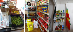 Three photos of a shop interior.  The first photo shows okra, scotch bonnets, and other vegetables displayed in cardboard boxes on a newspaper-covered table.  The second photo shows shelves holding peanut butter and tinned goods next to a small unit with plastic heads displaying wigs; on the floor in front of the unit are several large bags of rice.  The third photo shows four shelves of toiletries with a black-and-white flag on one side and the Ghanaian national flag on the other.