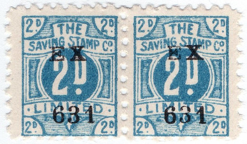 A pair of light blue stamps, still attached to each other, each with a large “2D” in the centre and the words “The Saving Stamp Co. Limited” around it.  They have been overprinted in black with the code “EX 631”.