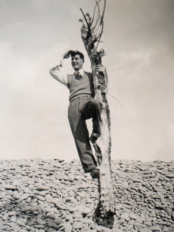 A dark-haired white man wearing a white shirt, possibly a cravat, slightly baggy trousers, and a knitted sleeveless jumper, balanced halfway up a small and rather denuded tree on a pebble beach.  He is shading his eyes from the sun, looking out into the distance, and grinning happily.