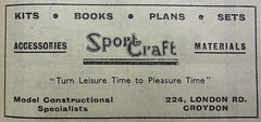 A newspaper advert for SportCraft at 224 London Road, offering “kits books plans sets accessories materials”..  The logo in the centre is made up of the words “Sport” and “Craft” with the “t” of “Sport” overlapping the “C” of “Craft”.